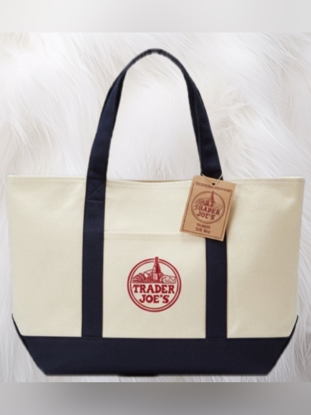 Trader Joe's (New with Tag) Reusable Cotton Canvas Tote Bag in Cream & Deep Navy